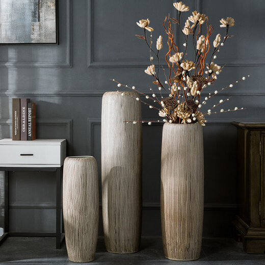 Modern simple light color soft decoration Jingdezhen ceramic floor-standing vase living room flower arrangement dried flower large decorative ornaments bark pattern 60cm + sunflower set