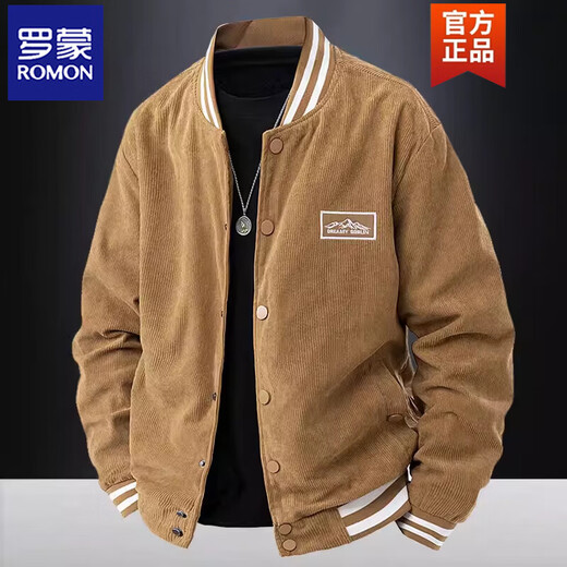 ROMON corduroy baseball jacket, spring and autumn men's slim jacket, trendy and handsome men's outerwear, middle-aged jacket, brown M