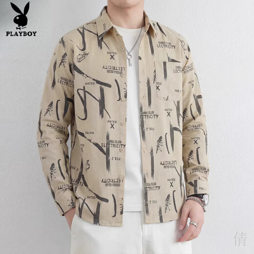 Playboy (PLAYBOY) men's letter printed cotton long-sleeved shirt spring and autumn lapel shirt jacket design top beige L suitable for 120-135Jin Jin equals 0.5 kg
