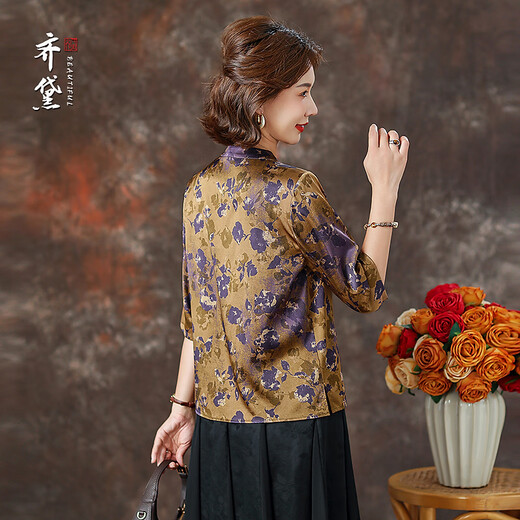 QUEDIT (QUEDIT) temperamento camisa de seda de estilo nacional 2026 verano nuevo estilo cuello alto botón de placa manga cinco cuartos seda de morera ropa de madre digna Qiutang Hilo Dorado / 21 Satén elástico de seda Mumi L Recomendado 110Jin Jin es igual a dentro de 0,5 kg