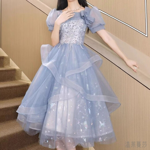 Wenlai Mansha dress, high-end light luxury niche evening dress, high-end adult ceremony dress, host can usually wear art exam dress, blue mid-length M
