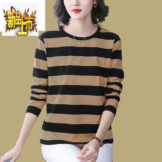 Erster T-Shirt-Streifen-T-Shirt-Langarm-Tops für Frauen Frühling und Herbst reines Baumwoll loser Bauchabdeckung, damit sie schlank aussehen, und größeres Basishemd 6623# Brown [] 2xl [130-145jin [Jin entspricht 0,5 kg]]