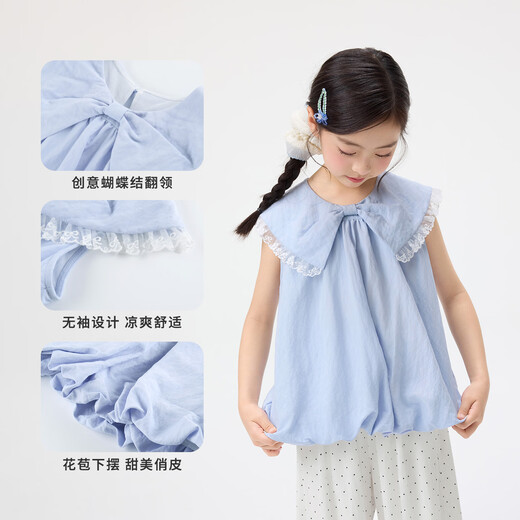 Xiaoyinman ropa para niños camisa con solapa de lazo para niñas 26 camisa fresca y cómoda con dobladillo grande para niños de mediados de verano azul 140