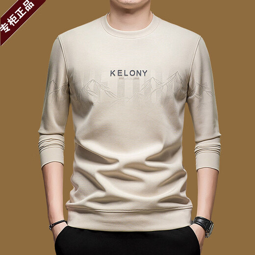 Armani (ARMANI) new Italian long-sleeved T-shirt for men in spring and autumn with cotton letters, middle-aged casual business bottoming shirt, sweatshirt, apricot 2XL 180 recommended weight 160-170Jin Jin equals 0.5 kg