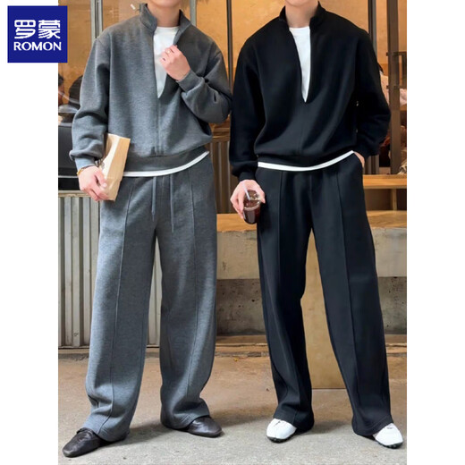 ROMON spring design stitched collar fake two-piece sweatshirt suit for men, trendy, handsome, high-end, old money style two-piece suit, black regular M