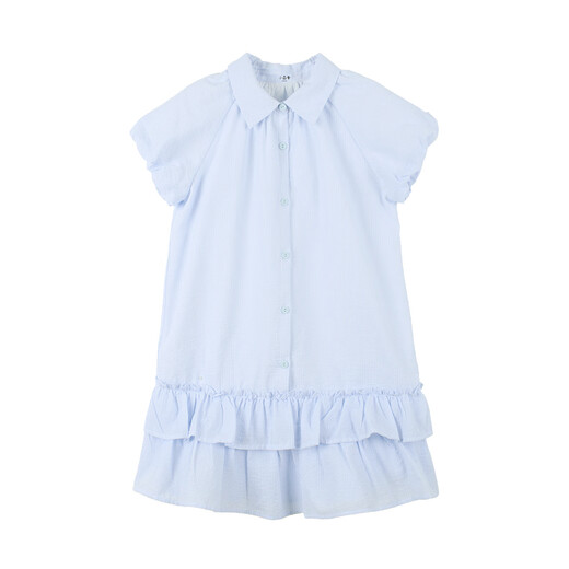 Xiaoyinman children's clothing girls cute puff sleeve dress 26 mid-summer big children's shirt lapel comfortable casual skirt blue strip 110