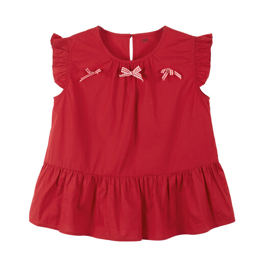 Xiaoyinman children's clothing girls small flying sleeve shirt bow decoration 26 summer children's casual tops for middle and large children red 160