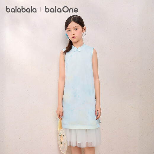 BALABALA children's clothing girls skirt children's dress 2026 summer new style new Chinese style cheongsam skirt splicing mesh blue and white tone 00381 90