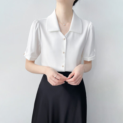 LIIS2026 new high-end big-name professional commuting white short-sleeved shirt for women, simple temperament, lapel, puff sleeves, pearl white XS 70-95Jin Jin equals 0.5 kg