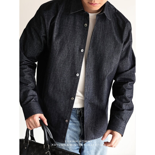 RSY|Rhapsody Korean denim shirt men's loose solid color lapel long-sleeved jacket men's casual spring and autumn denim blue M