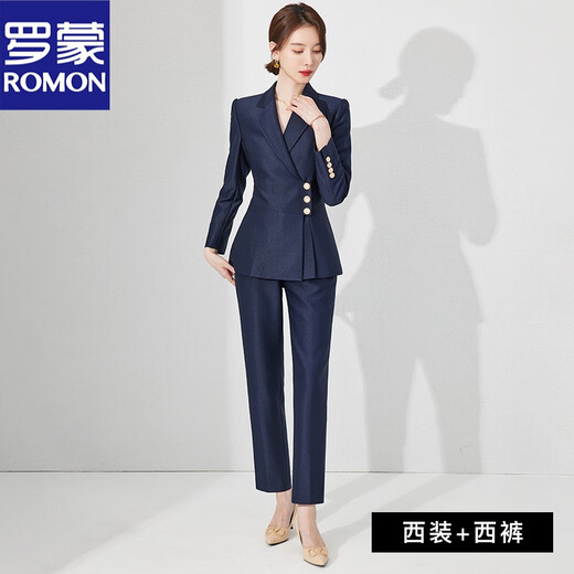 ROMON high-end navy blue business suit for women spring new fashion suit jacket business temperament formal wear navy suit + trousers S