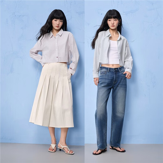 GIORDANO CONCEPTS 2026 Spring New Shirt Women Small Pure Cotton Striped Print Short Shirt Women Long Sleeve 12345008