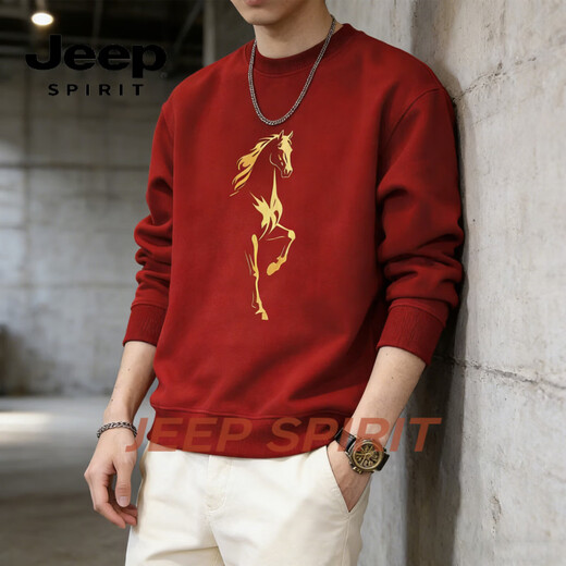 JEEP SPIRIT American Heavyweight Sweatshirt Men's Velvet Thickened 2026 Winter Loose Casual Warm Bottoming Shirt Round Neck Long White M 70-90Jin Jin is equal to 0.5 kg