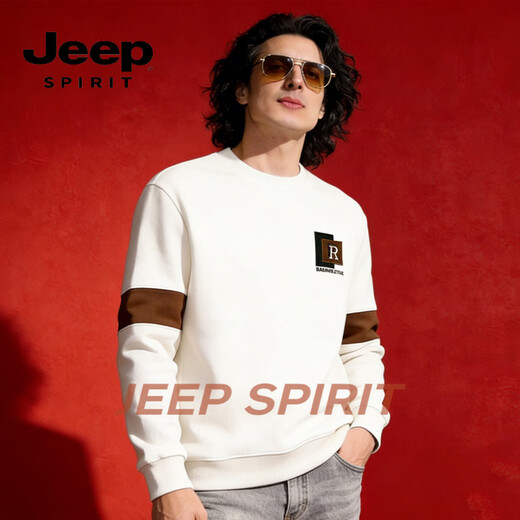 JEEP SPIRIT youth round neck sweatshirt men's autumn and winter 2025 new loose trendy brand pullover spring and autumn long-sleeved bottoming shirt for men white M weight 100-130Jin Jin is equal to 0.5 kg