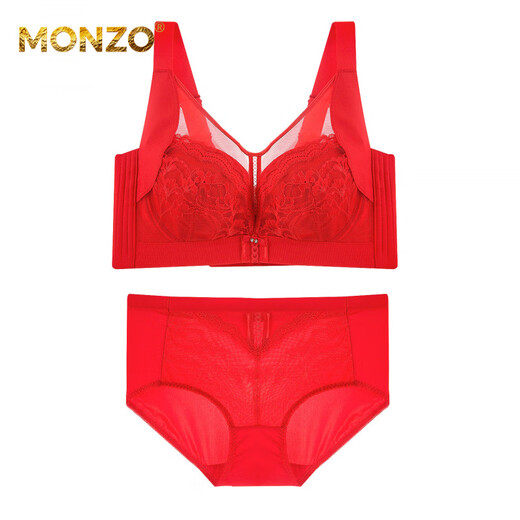 MONZO international high-end brand underwear women's full cup big breasts show small breasts summer breathable thin style push-up to close the side breasts to prevent underwear big red bra + bra 90E