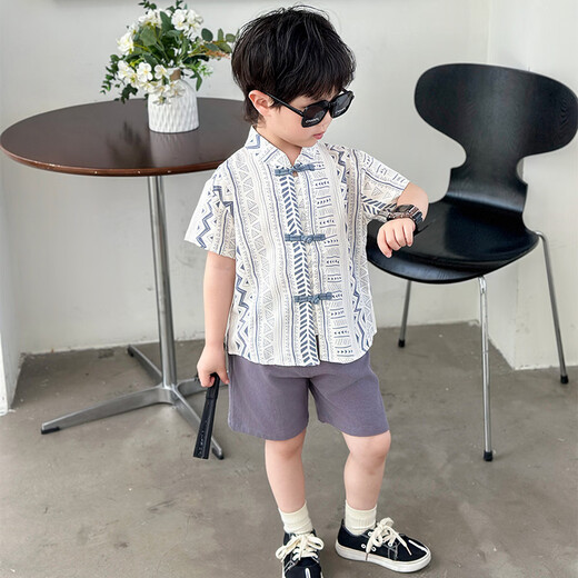 Ultraman boys new Chinese short-sleeved shirt suit summer 2025 new children's baby summer suit two-piece Chinese style Tang suit green 100 cm