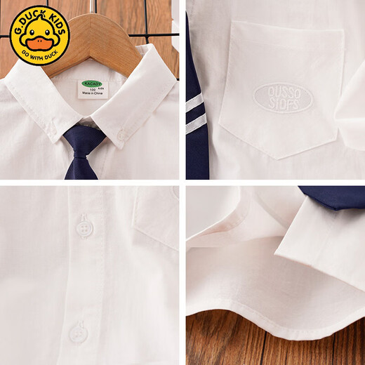 G.duck boys' college style tie white shirt spring and autumn new children's long-sleeved shirt cotton baby boy spring top white free tie 100 cm