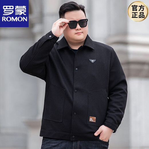 罗蒙（ROMON）春秋新款男士休闲外套300斤肥佬胖子加肥加大宽松翻领夹克特大码 黑色 4XL (建议200-220斤)