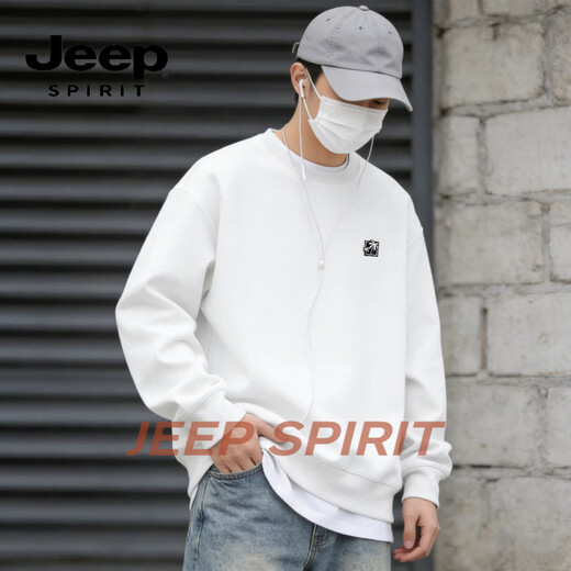 JEEP SPIRIT round neck sweatshirt for men 2026 spring new loose couple top American retro large size bottoming shirt jacket white S 95-120Jin Jin equals 0.5 kg