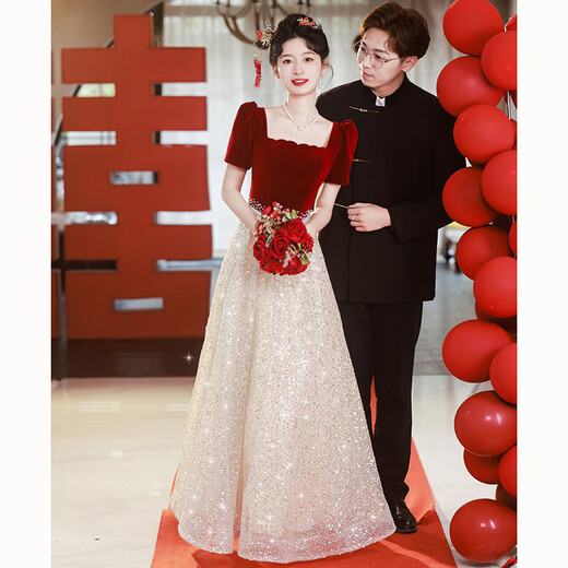 Mofu Toast Wear Bridal 2026 Engagement High-End Atmosphere Sequin Wedding Wedding Day Casual Dress Burgundy Long XS