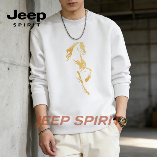 JEEP SPIRIT American Heavyweight Sweatshirt Men's Velvet Thickened 2026 Winter Loose Casual Warm Bottoming Shirt Round Neck Long White M 70-90Jin Jin is equal to 0.5 kg