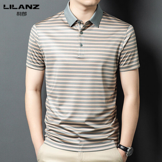 LILANZ men's summer new acetate lapel short-sleeved T-shirt for middle-aged men business casual with mulberry fashion gray M 48