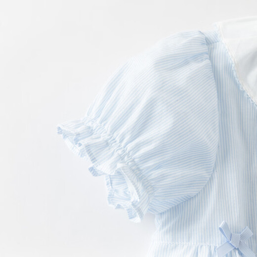 DAVE&BELLA girls short-sleeved shirt 2026 summer new baby girl tops children's shirts fashionable children's clothes children's clothing blue and white stripes ready stock 140 cm (recommended height 130-140cm)