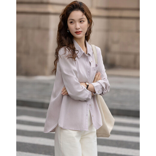 Demana Breathing 100 Lyocell Spring Urban Simple Style Lapel Patch Pocket Button Loose Women's Shirt