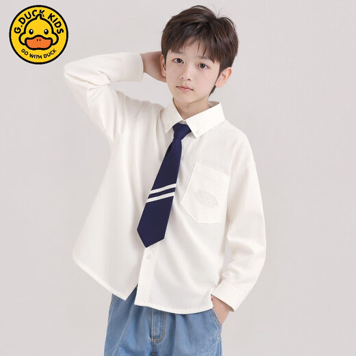 G.duck boys' college style tie white shirt spring and autumn new children's long-sleeved shirt cotton baby boy spring top white free tie 100 cm