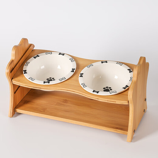 CLCEY Ceramic Cat Bowl Rack Protects Cervical Vertebral Anti-Black Chin Small Dog Anti-Slip Anti-Tip Teddy Adjustable Height Dog Bowl Two Black Footprints + Double Bowl Rack