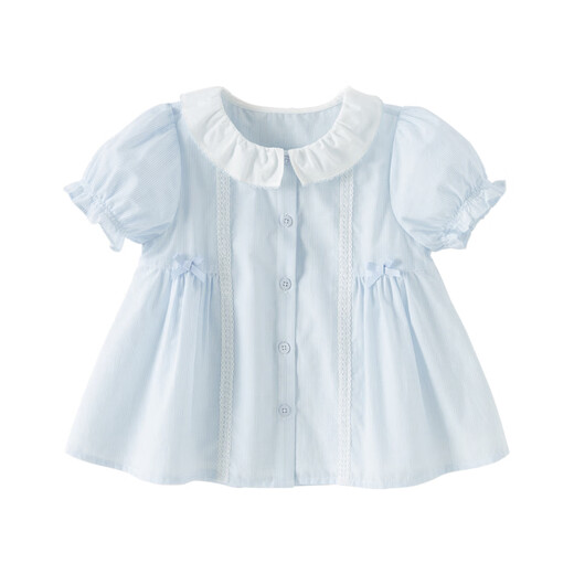 DAVE&BELLA girls short-sleeved shirt 2026 summer new baby girl tops children's shirts fashionable children's clothes children's clothing blue and white stripes ready stock 140 cm (recommended height 130-140cm)