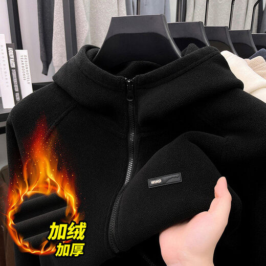 DANCING WOLVES 2025 Winter Men's Plush Polar Fleece Hooded Cardigan Jacket Dark Gray XL