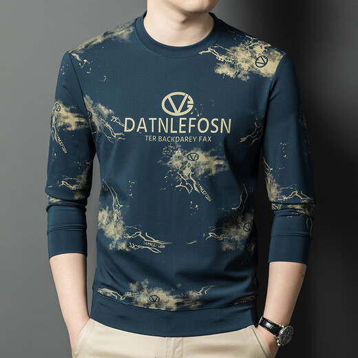 K-Boxing Men's 2026 Spring New Round Neck Printed Sweater Fashion Trend Versatile Long Sleeve T-Shirt Casual Bottoming Top Black M