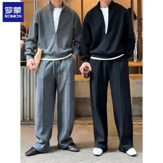 ROMON spring design stitched collar fake two-piece sweatshirt suit for men, trendy, handsome, high-end, old money style two-piece suit, black regular M