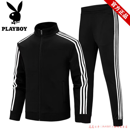 Playboy Couple Pure Cotton Stand Collar Sports Suit Men's and Women's Spring and Autumn Jacket Men's Casual Two-piece Three-Bar Running Wear Sweater Black Jacket + Straight Pants Imitation Cotton S