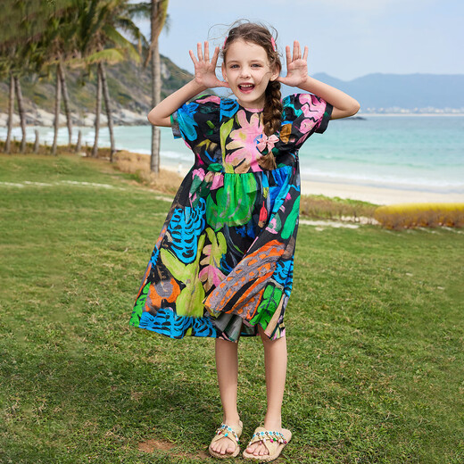 ASK JUNIOR children's skirt summer short-sleeved dress for big children waist pure cotton princess dress travel vacation style