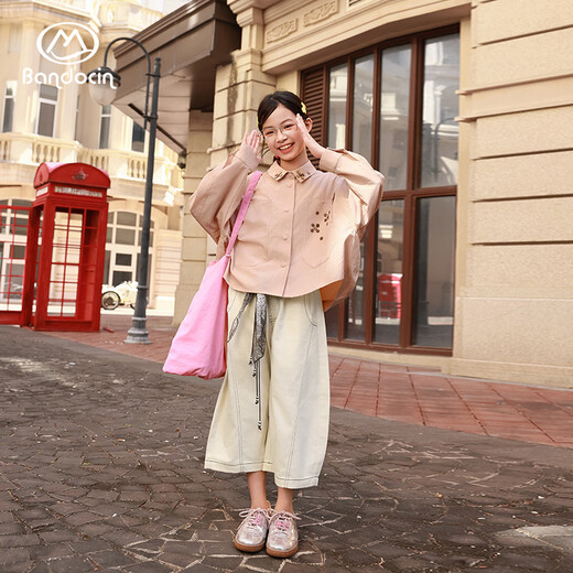 BANDOCIN Half-time girls summer long-sleeved shirt thin breathable new fashion style casual apricot pink 130