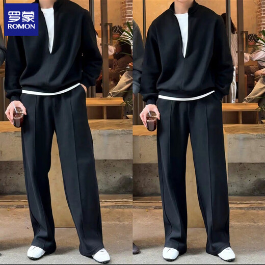 ROMON spring design stitched collar fake two-piece sweatshirt suit for men, trendy, handsome, high-end, old money style two-piece suit, black regular M