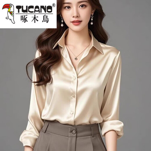 Woodpecker (TUCANO) new long-sleeved silk shirt loose sun protection top official flagship black high-density anti-wrinkle-free ironing L 90-105Jin Jin equals 0.5 kg