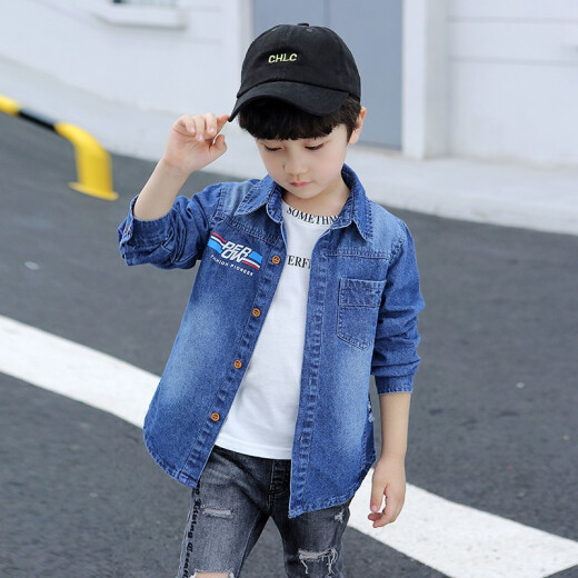 Boys' denim shirt long-sleeved medium and large children's shirt 2019 autumn new boys' bottoming shirt autumn clothing children's tops Western style medium and long Korean version 1902 astronaut 160 (recommended height 150cm)