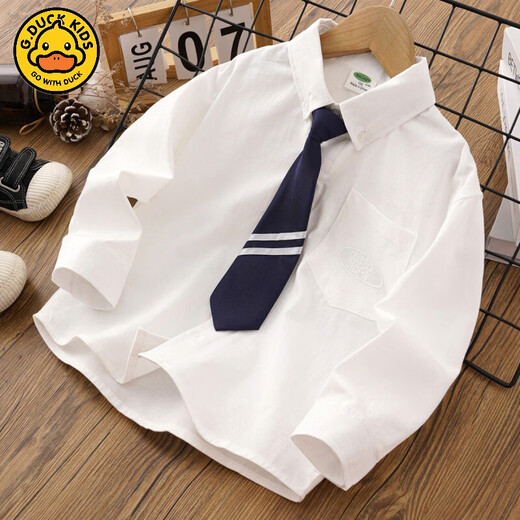 G.duck boys' college style tie white shirt spring and autumn new children's long-sleeved shirt cotton baby boy spring top white free tie 100 cm