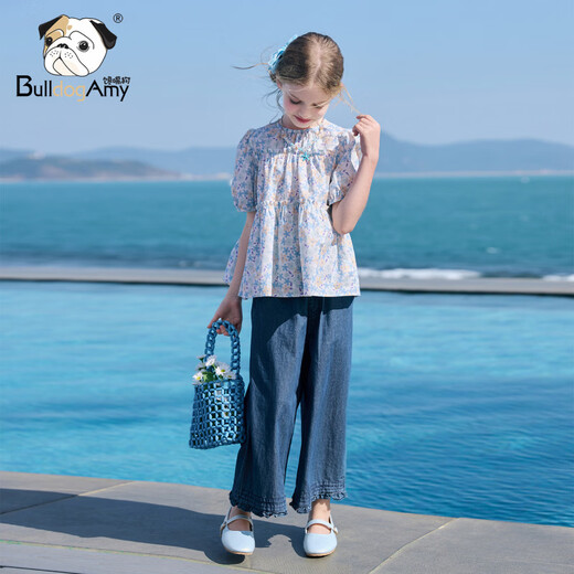 CHANZUIGOU children's clothing girls pastoral floral doll shirt 2026 summer new style pure cotton vitality sweet shirt blue 140 cm