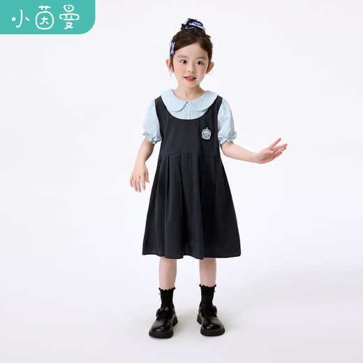 Xiaoyinman girls fake two-piece dress college style cartoon embroidery 26 summer dress fashionable and sweet doll collar suspender skirt navy 105