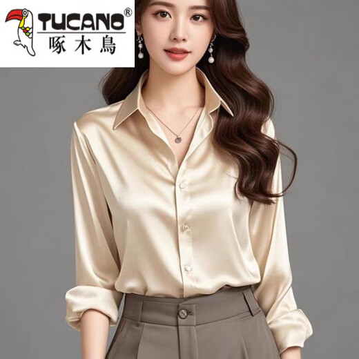 Woodpecker (TUCANO) new long-sleeved silk shirt loose sun protection top official flagship black high-density anti-wrinkle-free ironing L 90-105Jin Jin equals 0.5 kg