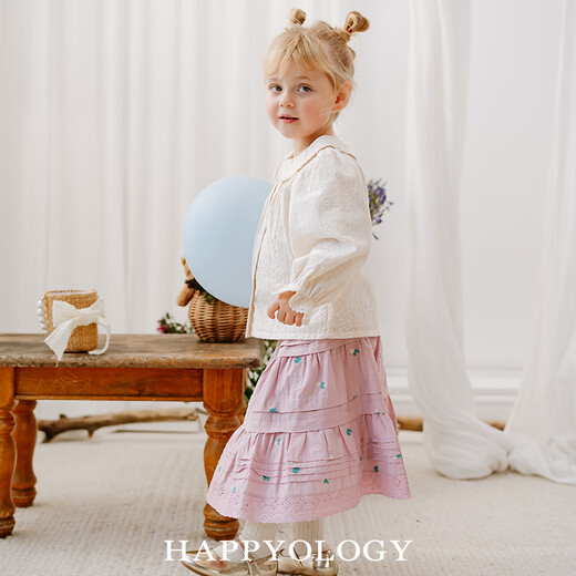 Happyology British children's spring and summer new tops girls children's clothing long-sleeved embroidered lapel lace shirt almond white 104 (104cm)