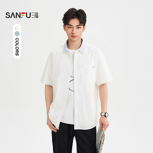 SANFU 2026 Summer Men's Double Lapel Short Shirt Fashionable Solid Color Slightly Dropped Top 522169 Blue L