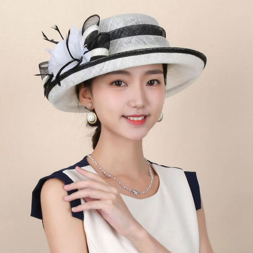 Women's top hat, high-end, elegant, fashionable and elegant spring and summer hat, fisherman's hat, French roll-edge top hat for women, Philippine linen, off-white, black edge -M5190-1, adjustable 54-58cm windproof rope hat holder