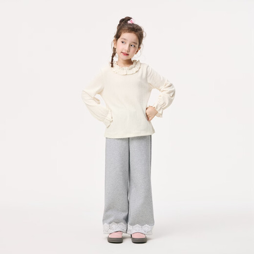小茵曼女童花边圆领衬衫26年春季中大童女孩时尚气质纯色百搭长袖上衣