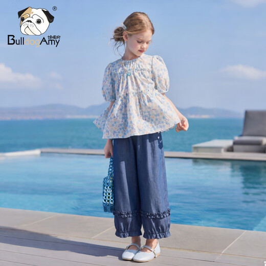 CHANZUIGOU children's clothing girls pastoral floral doll shirt 2026 summer new style pure cotton vitality sweet shirt blue 140 cm