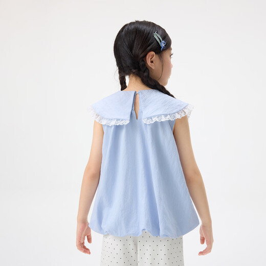 Xiaoyinman ropa para niños camisa con solapa de lazo para niñas 26 camisa fresca y cómoda con dobladillo grande para niños de mediados de verano azul 140